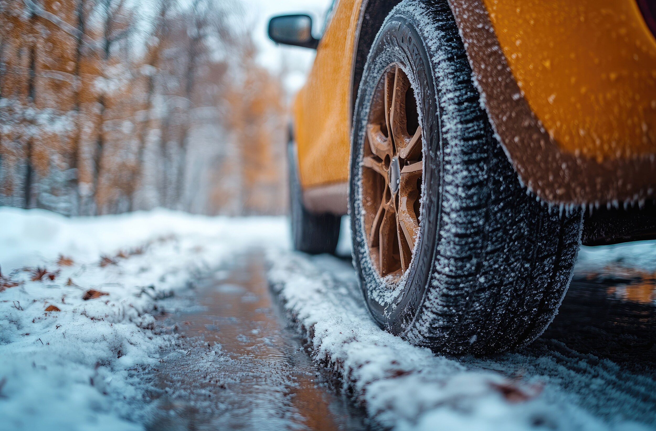 Winter%20Tires%20Thread%20Design.jpg A close up of the back tire of a car driving down a slushy road.