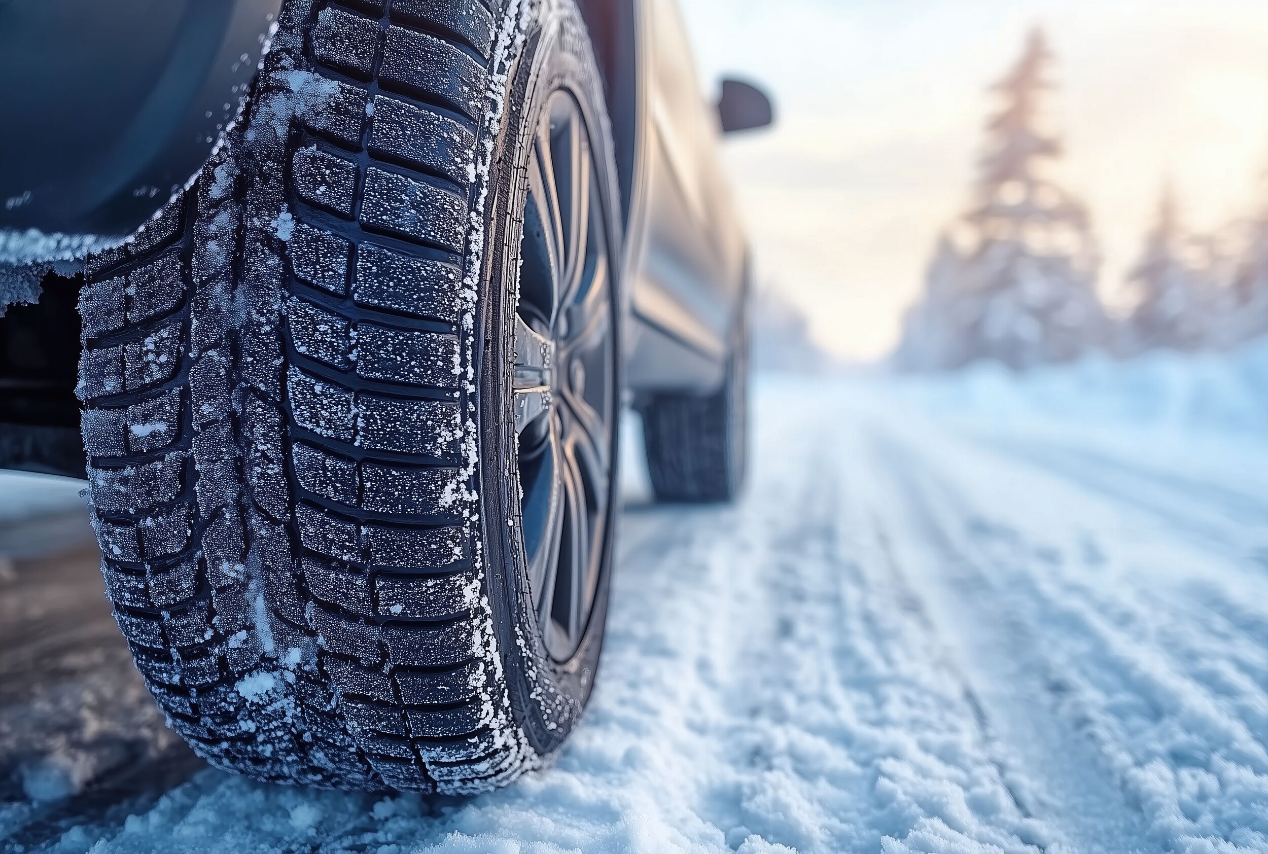 Winter%20Tires%20101.jpg Up close of a winter tire on a snowy road in a forest.