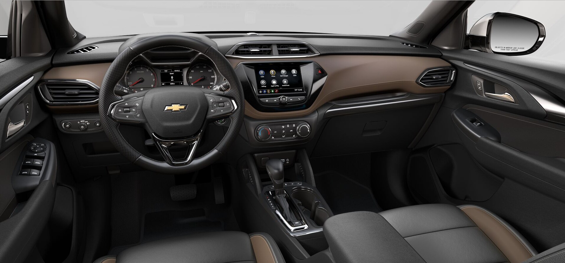 2022-Chevy-Trailblazer-1x.PNG A two-tone dash complements the rest of the interior and flows around sleek chrome trimmed vents, a chrome trimmed dash, and integrated touchscreen technology