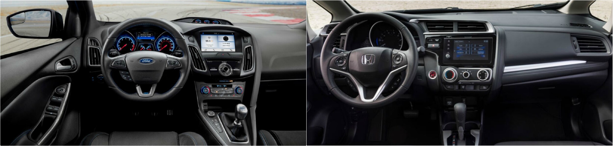 2018-ford-focus-vs-2018-honda-fit-interior.jpg Dashboard and feature comparison between the 2018 Ford Focus and the Honda Fit