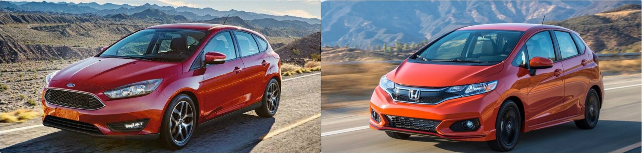 2018-ford-focus-vs-2018-honda-fit.jpg A 2018 Ford Focus driving down a mountain road along side a 2018 Honda Fit