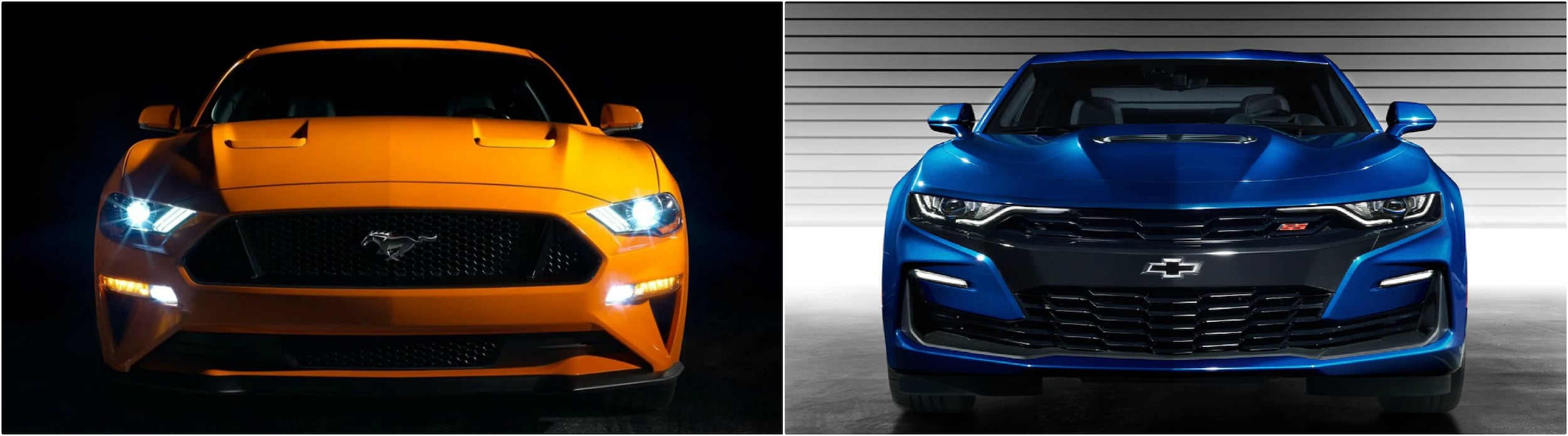 2019-ford-mustang-vs-2019-chevy-camaro.jpg Front view of the 2019 Ford Mustang and the 2019 Chevy Camaro