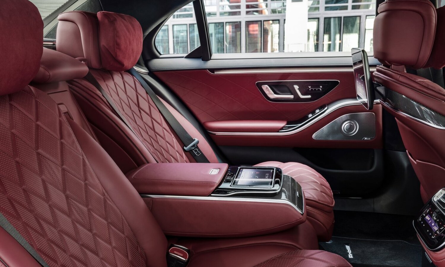 New 2021 Mercedes-Benz S-Class Interior (1).png Rear interior seating inside the new 2021 Mercedes-Benz S-Class sedan shown in red velvet quilted design