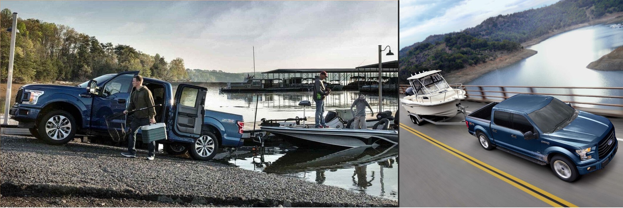 2018-ford-f150-vs-2017-ford-f-150-towing-capacity-phil-long-used-f150-dealership.jpg a 2018 F-150 towing a boat next to a 2017 F-150 towing a boat on the road