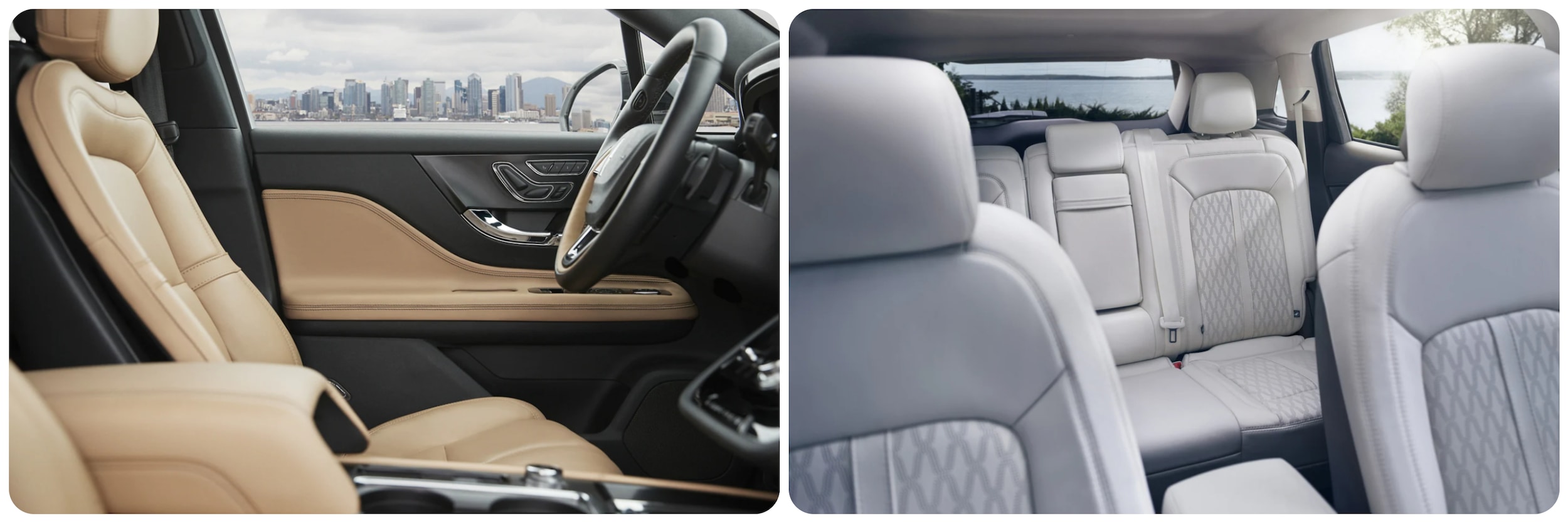 2022-Lincoln-Corsair-Vs-Nautilus-5.jpg On the left is the interior of the 2022 Lincoln Corsair trimmed in tan leather and otherwise black interior, bucket seating, leather-wrapped steering wheel, and a view of the city beyond the car out the driver's side window. On the right is the interior of a 2022 Lincoln Nautilus showing closth seats upholstered in a light gray color parked in front of a lake.