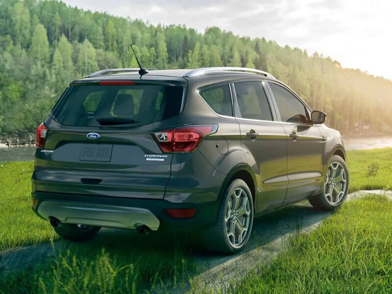 Back Side Exterior of a dark green 2019 Ford Escape parked on grassy knoll by a river