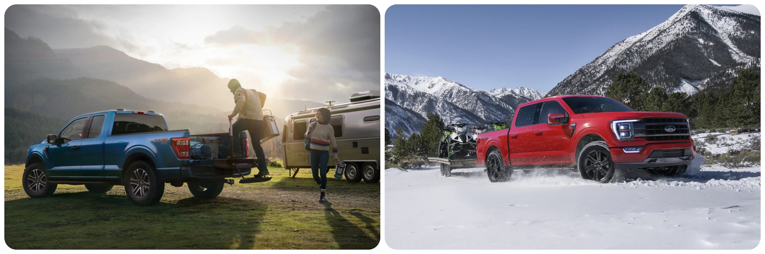2021-Ford-F-150-Vs-2022-4.jpg On the left the sun is rising behind a mountain in the background and highlighting a man as he steps into the bed of a 2022 Ford F-150 blue truck parked on grass near a silver airstream trailer as a woman walks up. On the right a red 2021 Ford F-150 forges through the snow in the mountains, hauling ATVs behind on a trailer