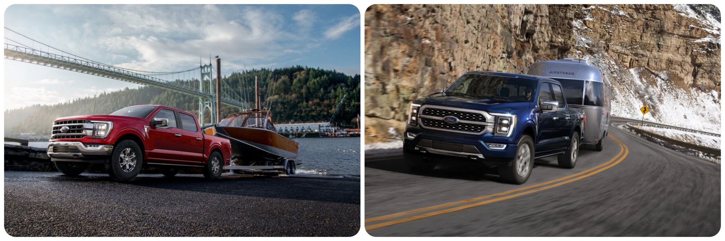 2021-Ford-F-150-Vs-2022-3.jpg On the left a red 2022 Ford F-150 hauling a speed boat backs down a paved loading ramp to the water as the sun shines on the hills and suspension bridge in the background. On the right a dark blue 2021 Ford F-150 hauls a silver airstream on a curving mountain highway