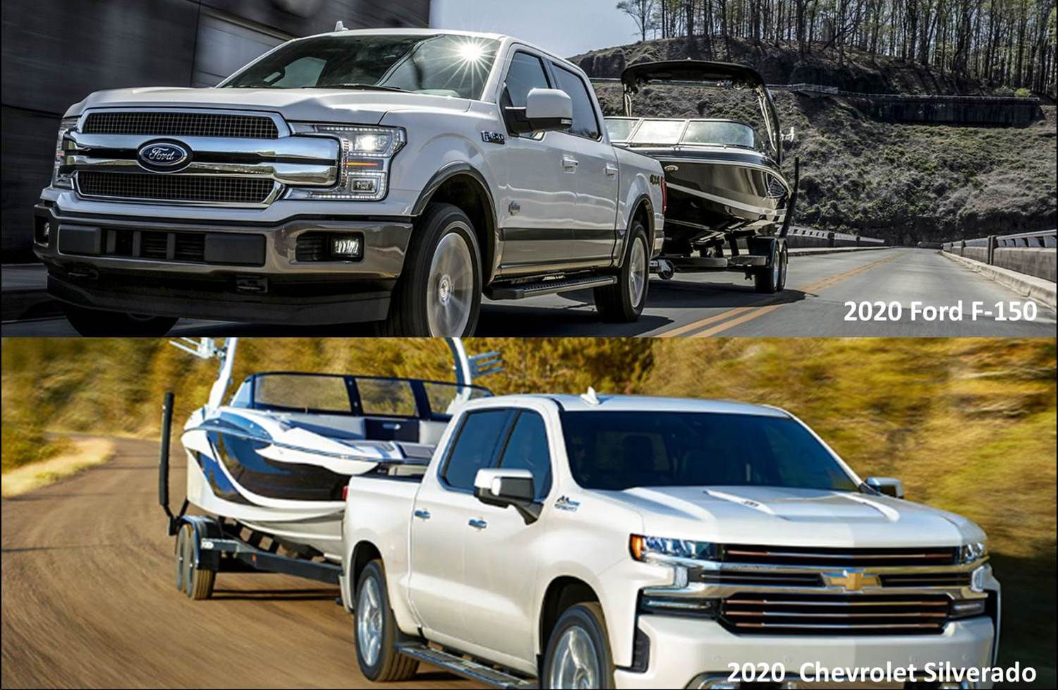 2020-ford-f-150-towing-capacity-vs-2020-chevy-silverado-phil-long-ford-chapel-hills-colorado-springs-co.jpg A 2020 Ford F150 and a 2020 Chevy Silverado Towing sail boats
