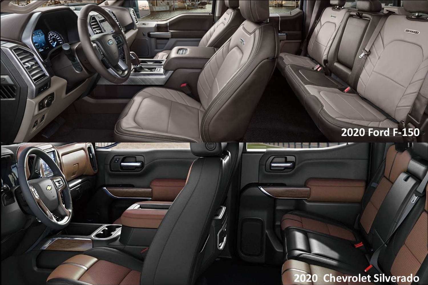 2020-ford-f-150-vs-2020-chevy-silverado-phil-long-ford-chapel-hills-colorado-springs.jpg The interior of a 2020 Ford F150 compared to the interior of a 2020 Chevy Silverado