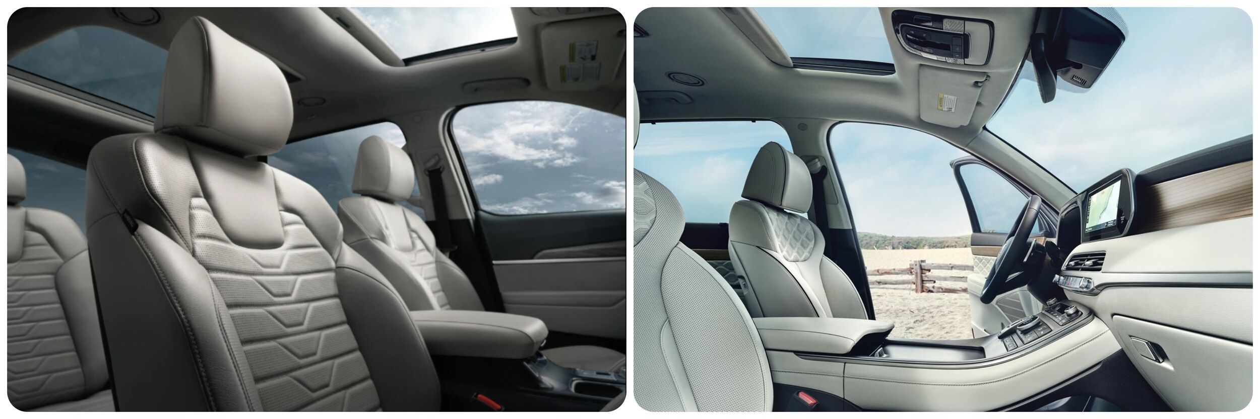 2022-Hyundai-Palisade-v-Kia-Telluride-01.jpg On the left is an interior view of the light gray seating and cabin of the 2022 Hyundai Palisade including the panoramic sunroof. On the right is an interior view of the 2022 Kia Telluride showing a cream interior and sunroof with the driver's side door opened
