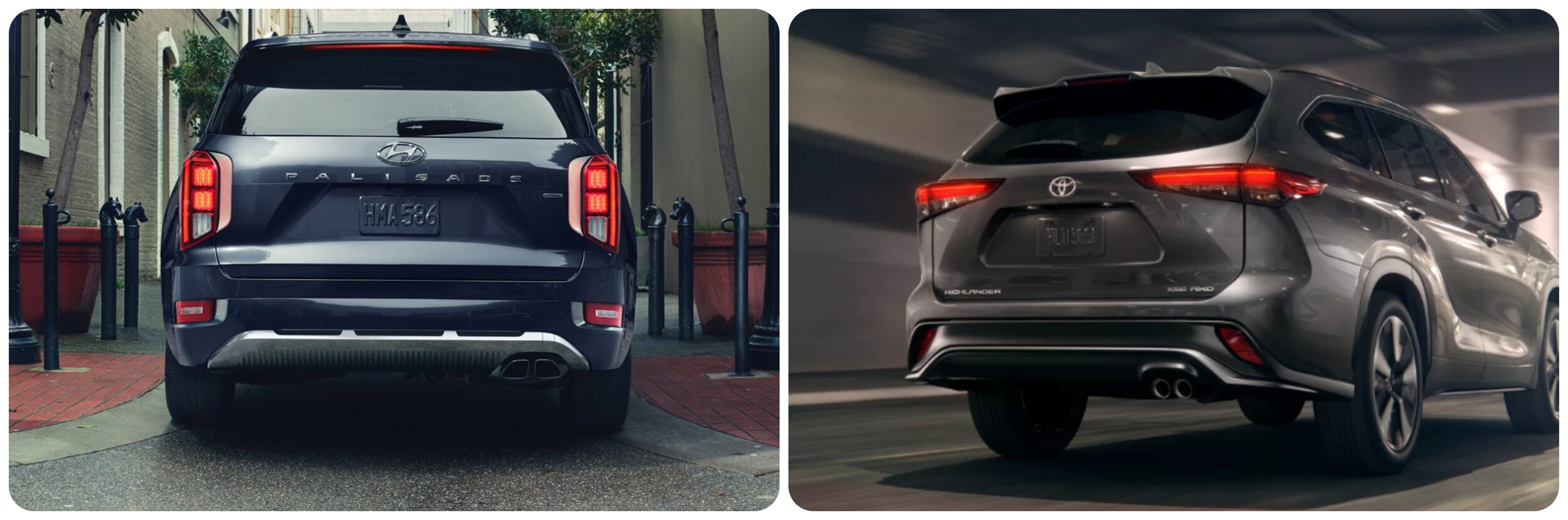 Rear view of 2022 Hyundai Palisade and Toyota Highlander.jpg rear-view-of-2022-hyundai-palisade-and-toyota-highlander