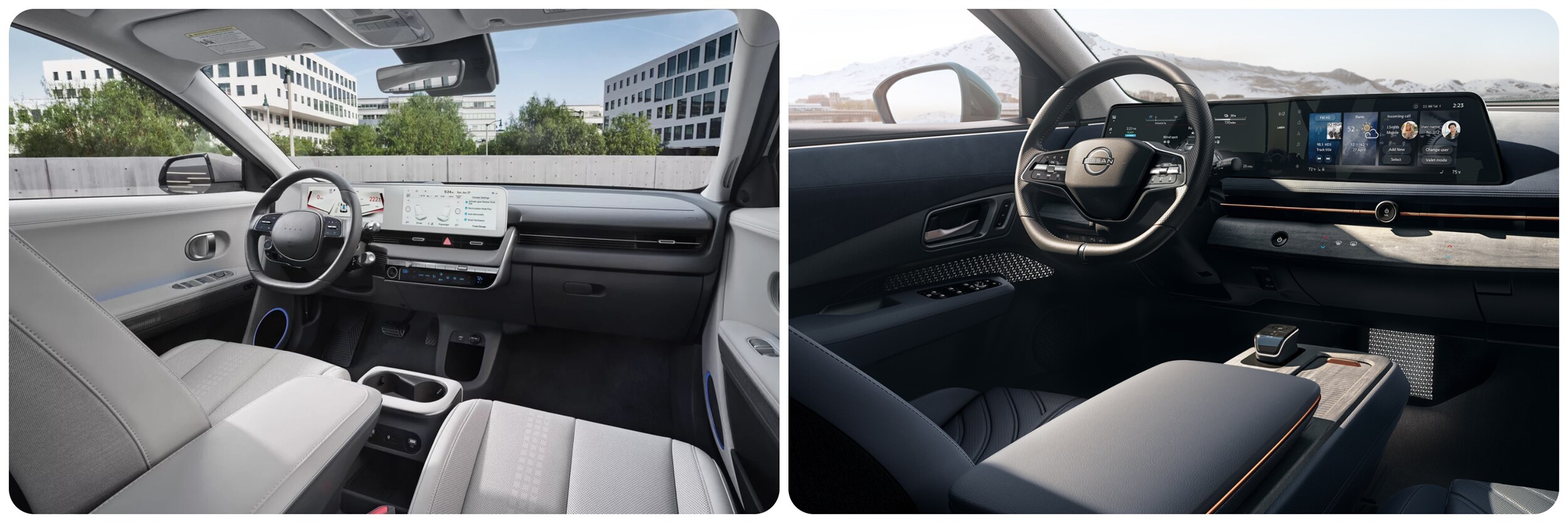 2023-hyundai-ioniq5-vs-nissan-ariya-5.jpg A view of the dash and infotainment systems of a 2023 Hyundai Ioniq 5 on the left and the 2023 Nissan ARIYA on the right