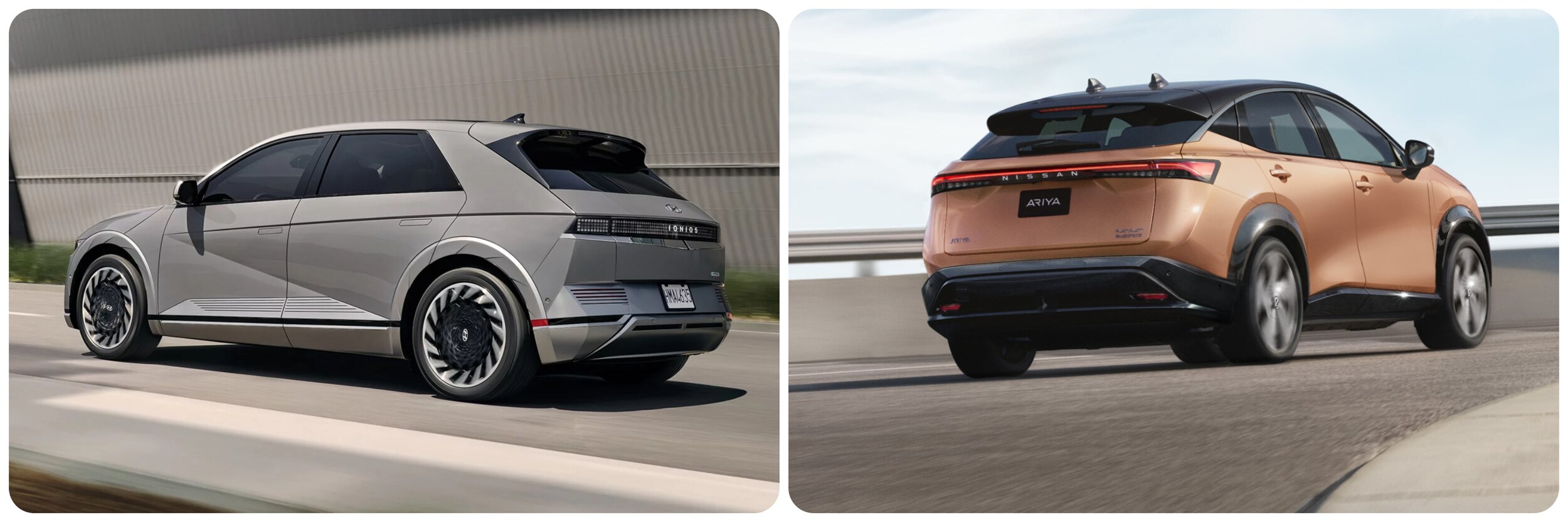 2023-hyundai-ioniq5-vs-nissan-ariya-3.jpg A view of the back of a gray 2023 Hyundai Ioniq 5 on the left and on the right, a view of the back of a bronze 2023 Nissan ARIYA