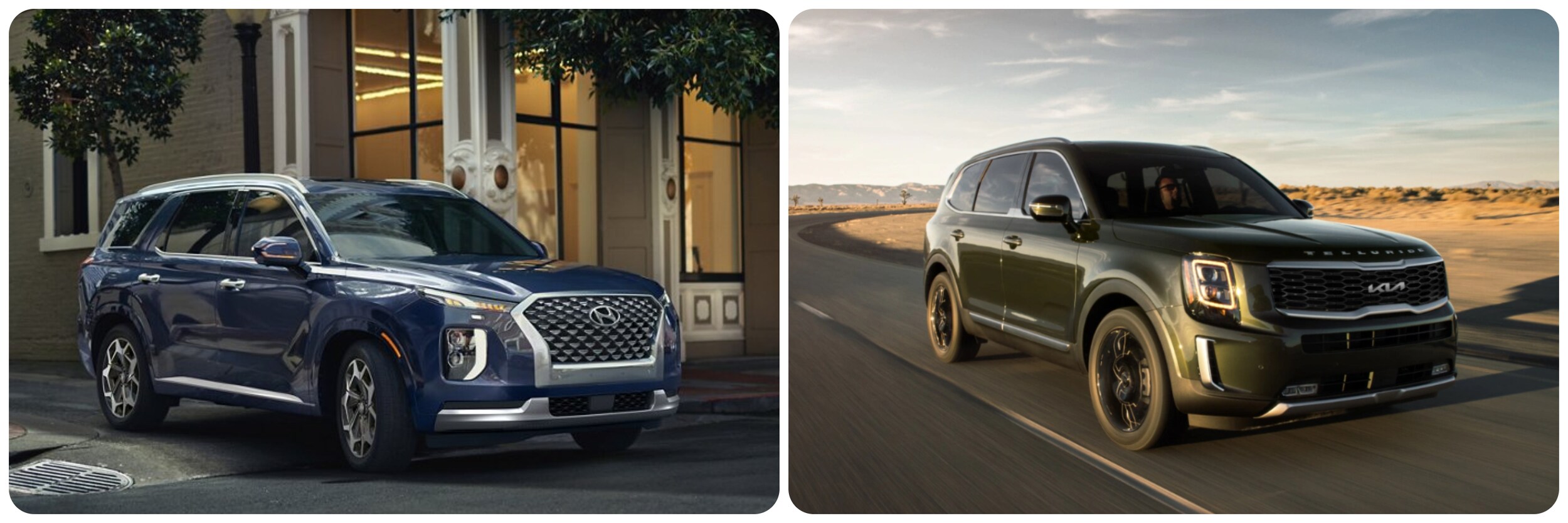 2022-Hyundai-Palisade-v-Kia-Telluride-04.jpg On the left is an angled profile view of the 2022 Hyundai Palisade in dark blue with a chrome grill and accents as it pulls out of a city street. On the right, an army green Kia Telluride cruises down a desert highway with mountains in the distance