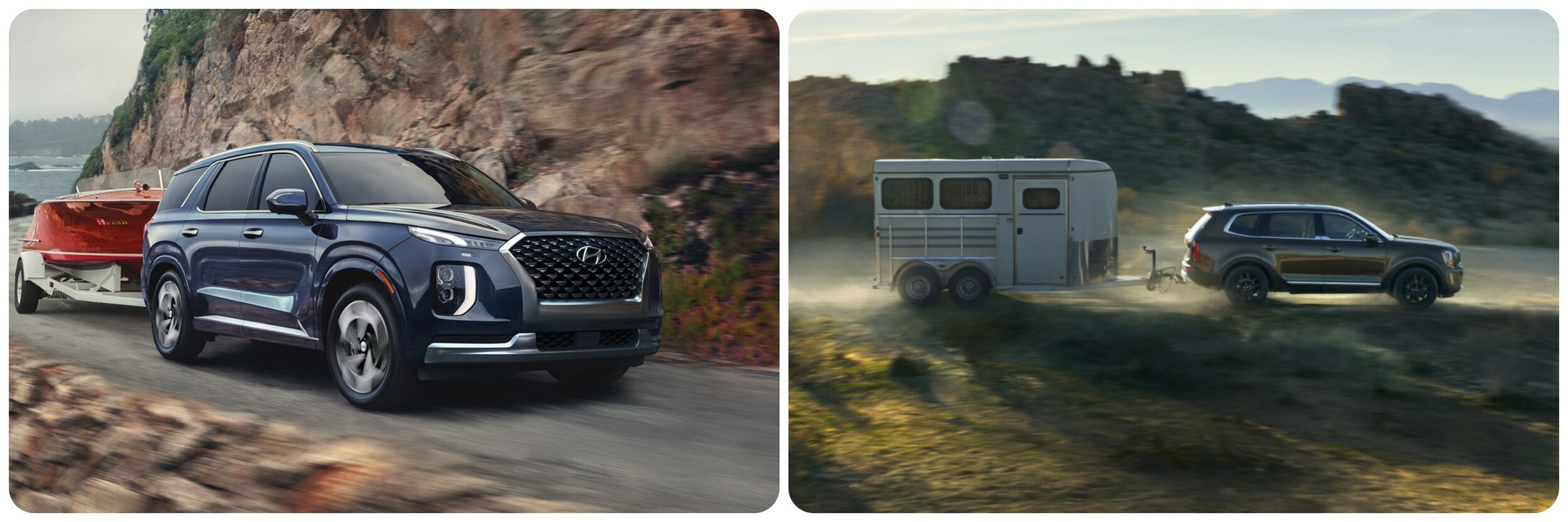 2022-Hyundai-Palisade-v-Kia-Telluride-03.jpg On the left a dark blue 2022 Hyundai Palisade is shown on a mountain road by the ocean hauling a red speedboat. On the right an army green Kia Telluride speeds across a dusty desert road hauling a horse trailer