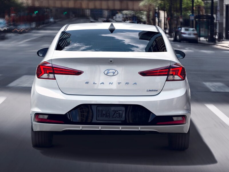 2019 Hyundai Elantra white exterior color rear angle view