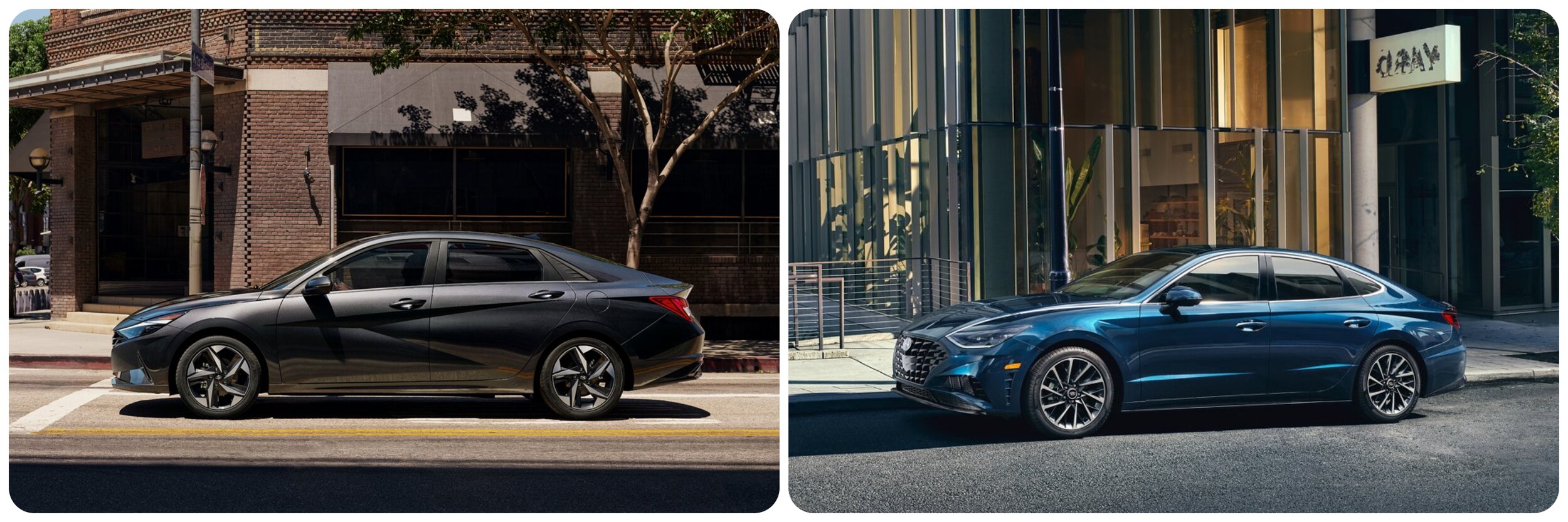 2022-Hyundai-Elantra-Vs-Sonata-2.jpg ON the left a dark gray 2022 Hyundai Elantra sits stopped at an intersection during the day. On the right, a blue 2022 Hyundai Sonata sits parked in front of a modern glass and steel building during the daytime.