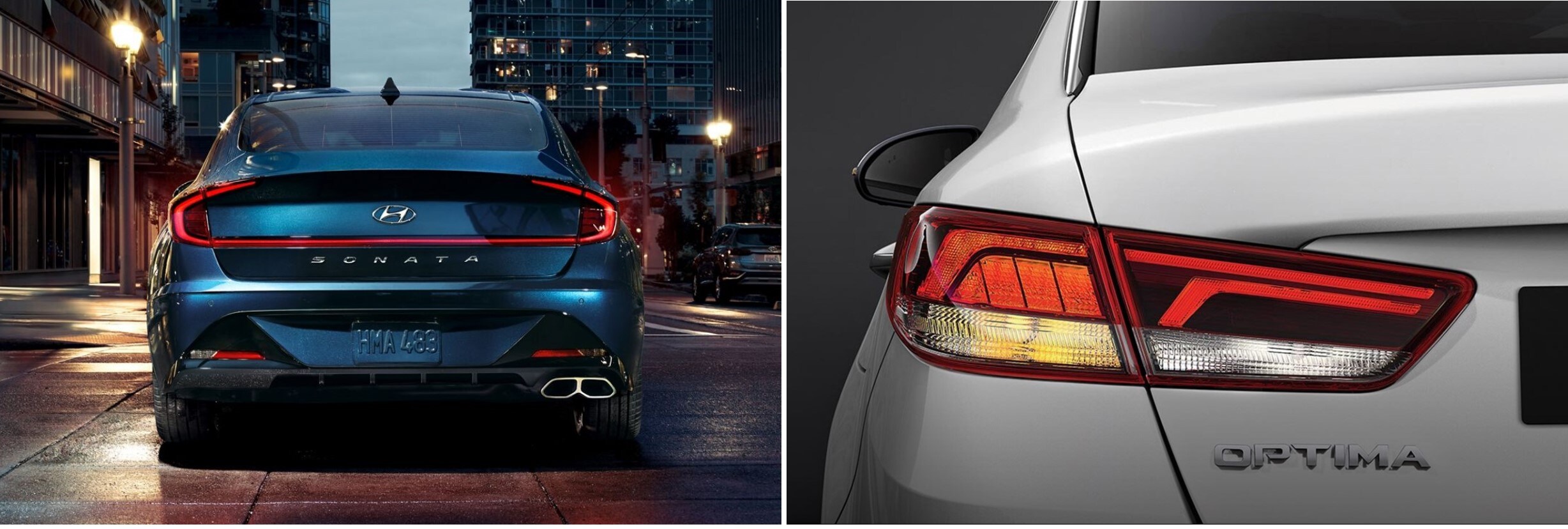 2020-hyundai-sonata-vs-kia-optima-exterior.jpg the bumper of a 2020 Hyundai Sonata compared to a 2020 Kia Optima
