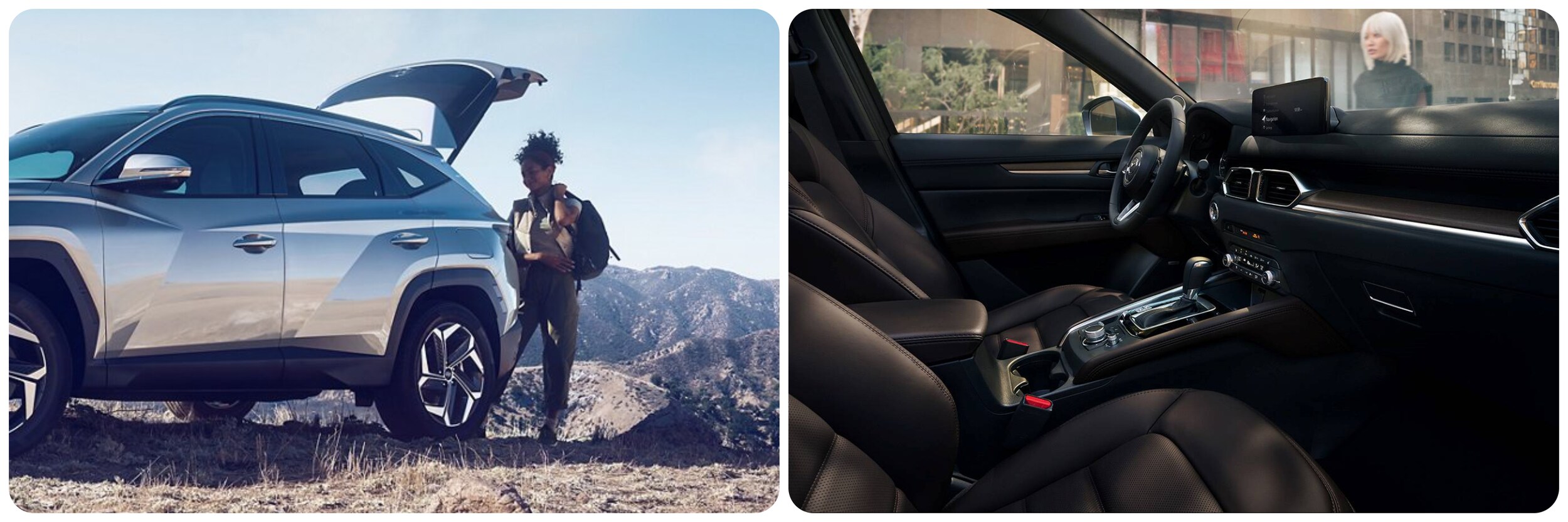 2022 Hyundai Tuscan vs Mazda CX5-4.jpg a woman standing by the trunk of a 2022 hyundai tucson parked on a mountain trail next to a photo of the 2022 mazda cx-5 interior