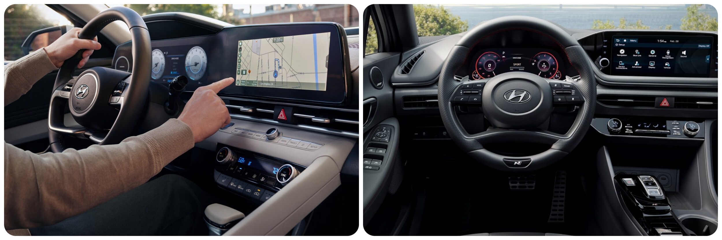 2022-Hyundai-Elantra-Vs-Sonata-4.jpg On the left a cream and black interior dash of a 2022 Hyundai Elantra with large in dash touchscreen that is being used by the driver. On the right a view of the all black dash of the 2022 Hyundai Sonata with touchscreen infotainment and digital dash