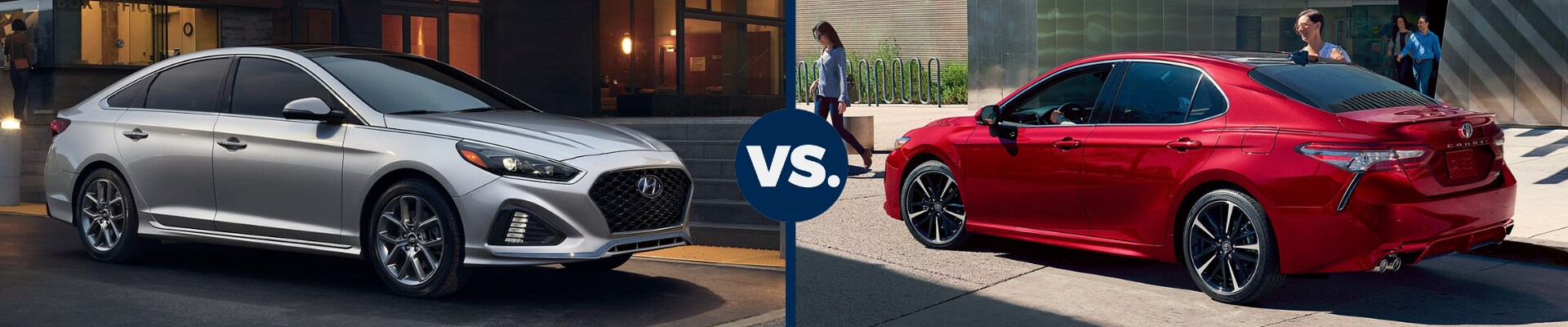 Nose to nose exterior comparison between the 2019 Hyundai Sonata vs the 2019 Toyota Camry