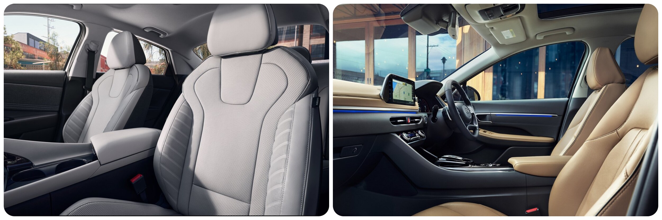 2022-Hyundai-Elantra-Vs-Sonata-5.jpg On the left, a view of the all light gray cloth upholstered interior of a 2022 Hyundai Elantra. On the right a view of the interior cabin of a 2022 Hyundai Sonata with tan leather upholstery and black dash