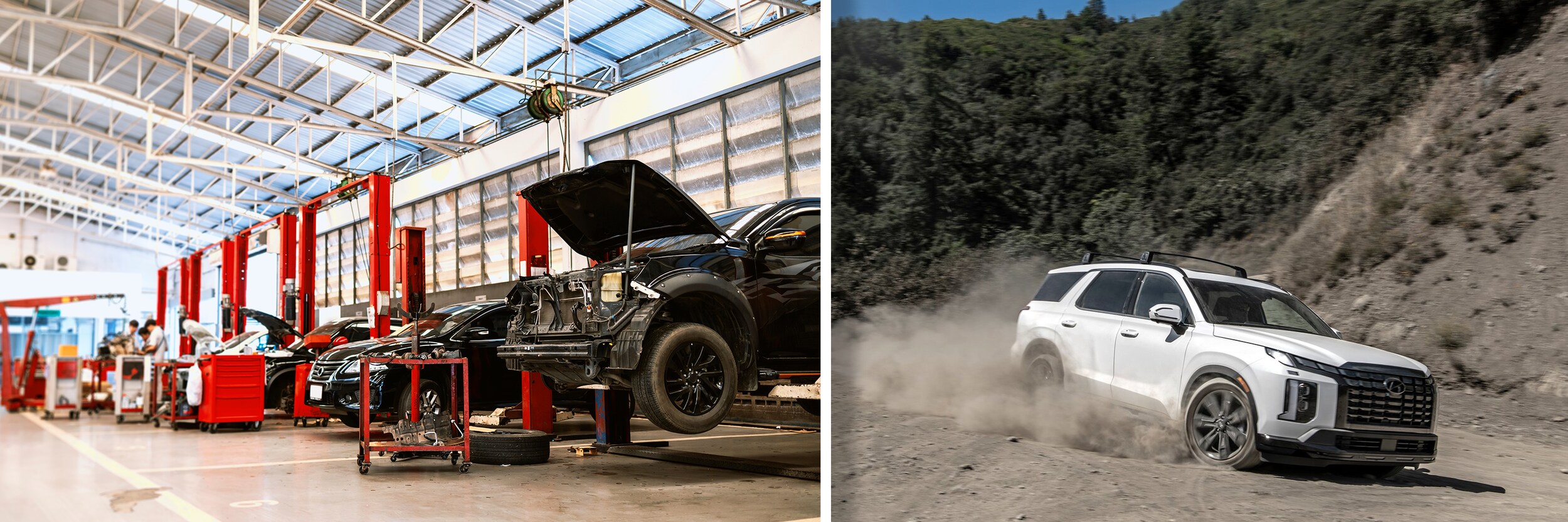 PLHC%20service%202.png 2024 White Hyundai Palisade off-roading with a picture of a service bay next to it.