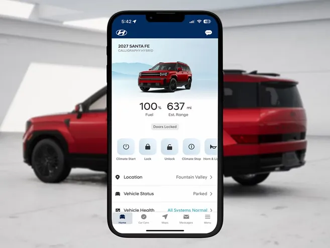Hyundai Bluelink app showing 637-mile total driving range and hybrid efficiency for the 2027 Santa Fe Hybrid