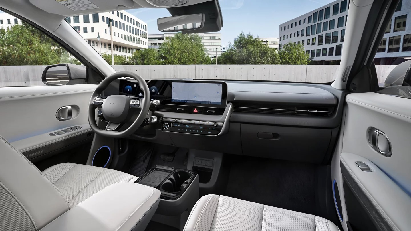 2027 Hyundai IONIQ 5 interior with dual screens and light seating