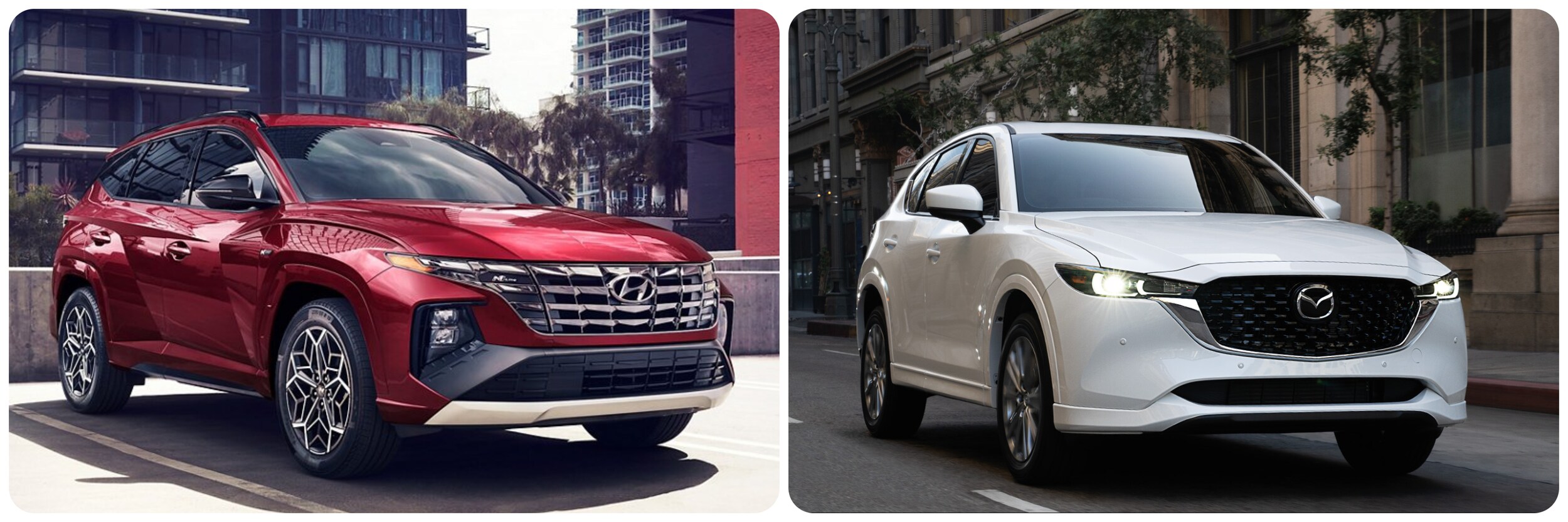 2022 Hyundai Tuscan vs Mazda CX5-3.jpg A side-by-side of a 2022 hyundai tucson and 2022 mazda cx-5 with both cars driving in the city
