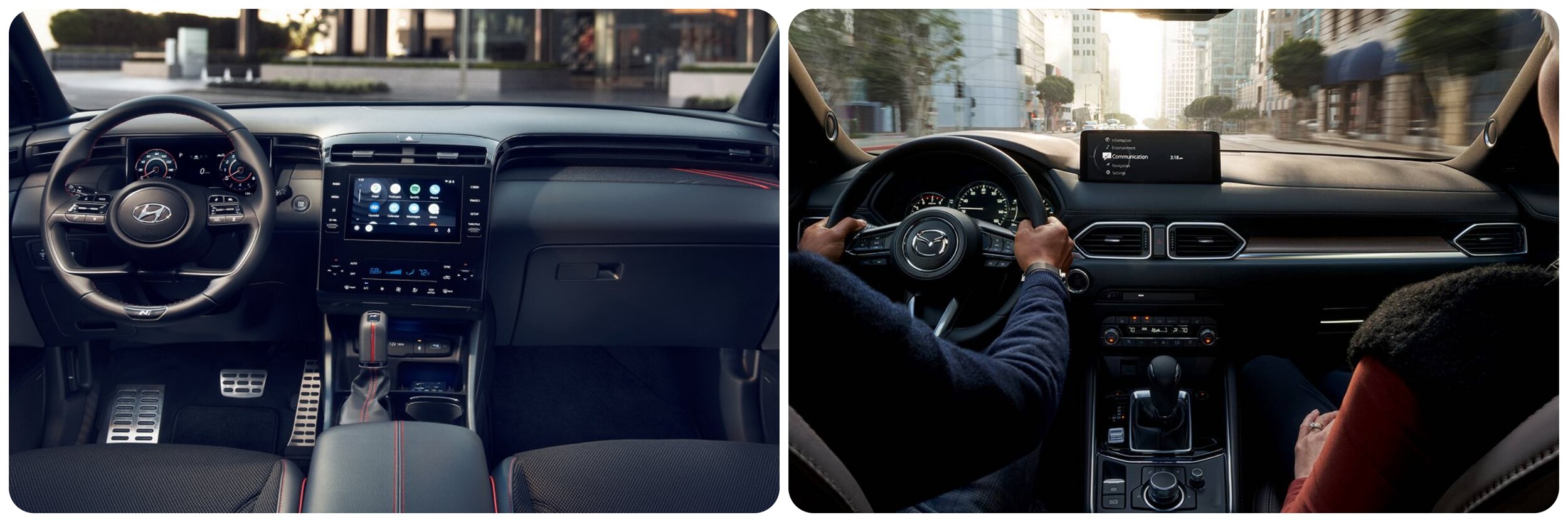 2022 Hyundai Tuscan vs Mazda CX5-2.jpg Side by side interiors of the tucson and cx-5 displaying thedashboards and infotainment systems