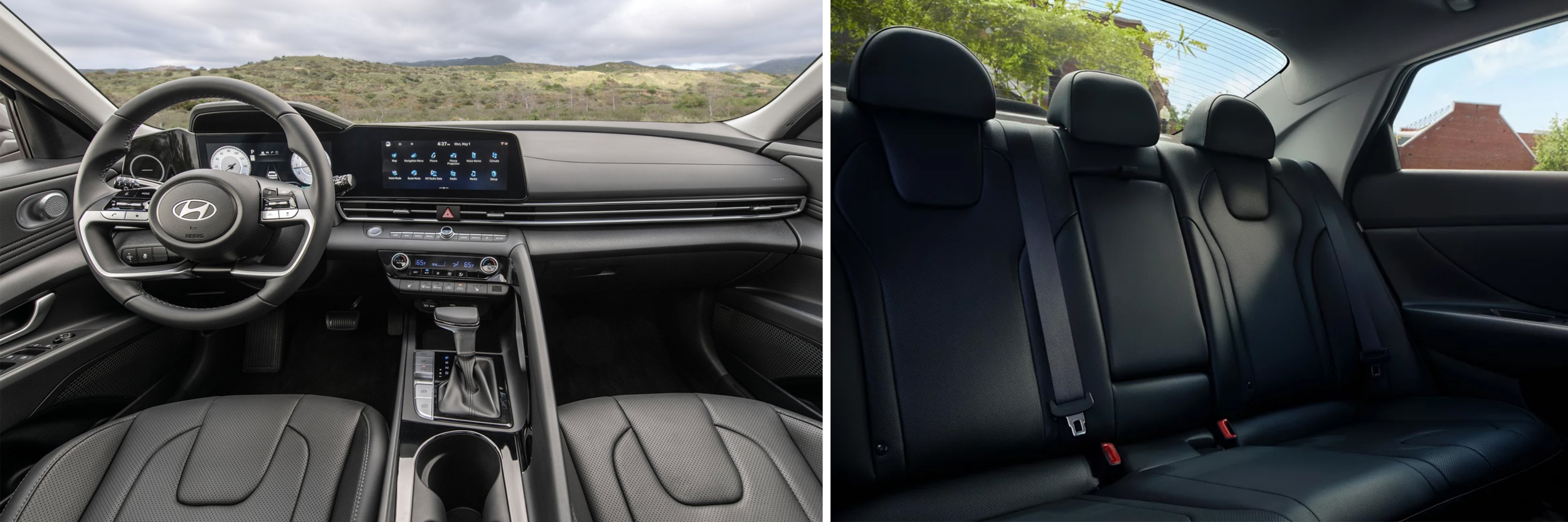 info and backseat Elantra.png Interior of the new 2024 Hyundai Elantra and the backseats of it.