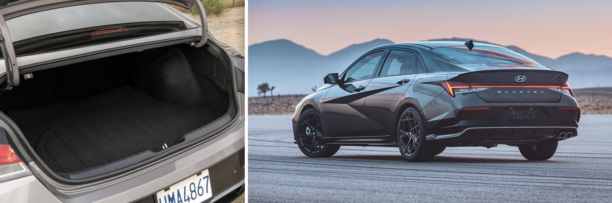 Cargo and Behind Elantra.png Back angle shot of the 2024 Hyundai Elantra and the Cargo space of the trunk.