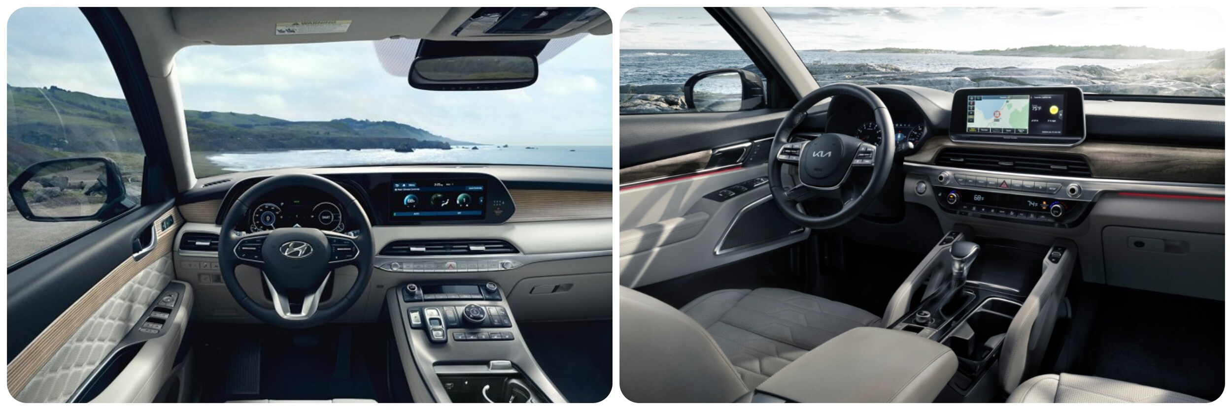 2022-Hyundai-Palisade-v-Kia-Telluride-02.jpg On the left is an interior view of the dash from the driver's seat of the 2022 Hyundai Palisade which shows a light tan dash and dark grey interior accents, a touchscreen in the middle with a large center console housing a radio and other buttons as well as a storage compartment and drink holders. On the right is a view of a light gray interior view of the driver's seat and dash with wood accents of the 2022 Kia Telluride with a touchscreen interface at the top of the dash, interior control buttons beneath, and a large center console with drink holders