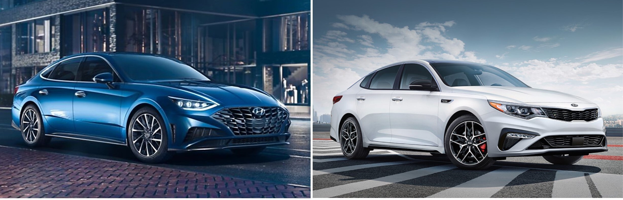 2020-hyundai-sonata-vs-kia-optima.jpg a blue 2020 Hyundai Sonata profile view against a white 2020 Kia Optima