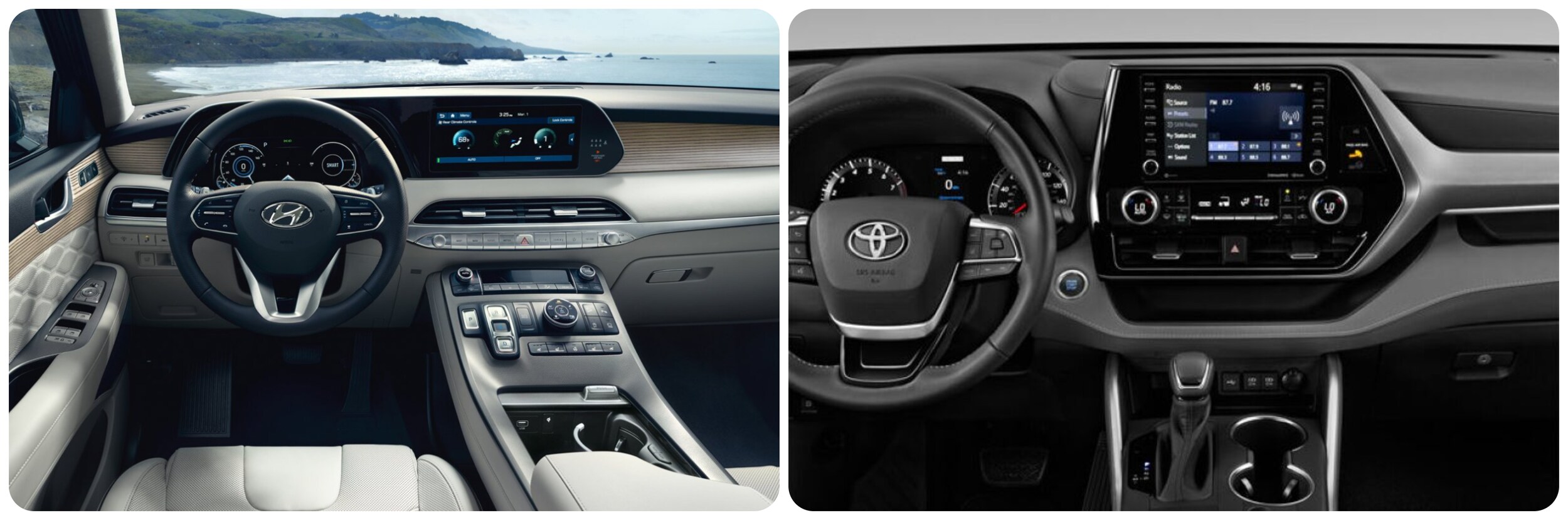 Dashboard view of 2022 Hyundai Palisade and Toyota Highlander.jpg infotainment-system-of-2022-hyundai-palisade-and-toyota-highlander