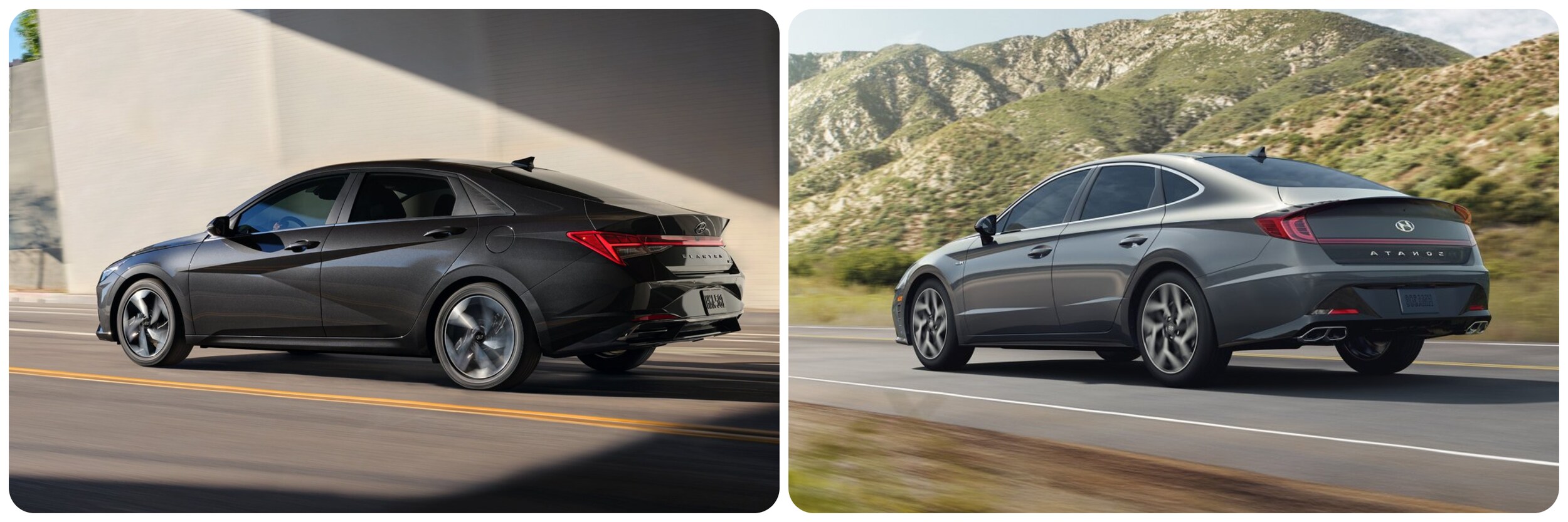 2022-Hyundai-Elantra-Vs-Sonata-1.jpg On the left a dark gray 2022 Hyundai Elantra is shown in an angled profile showing the rear of the car as it drives beneath an overpass on a sunny day. On the right a light gray 2022 Hyundai Sonata is seen in an angle profile driving down a highway through foothills on a sunny day.