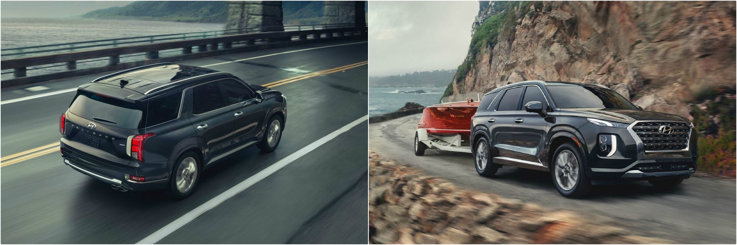 2021-vs-2020-hyundai-palisade-towing-capacity-performance-mpg.jpg Exterior comparison of a new Hyundai Palisade compared to last years model towing a boat
