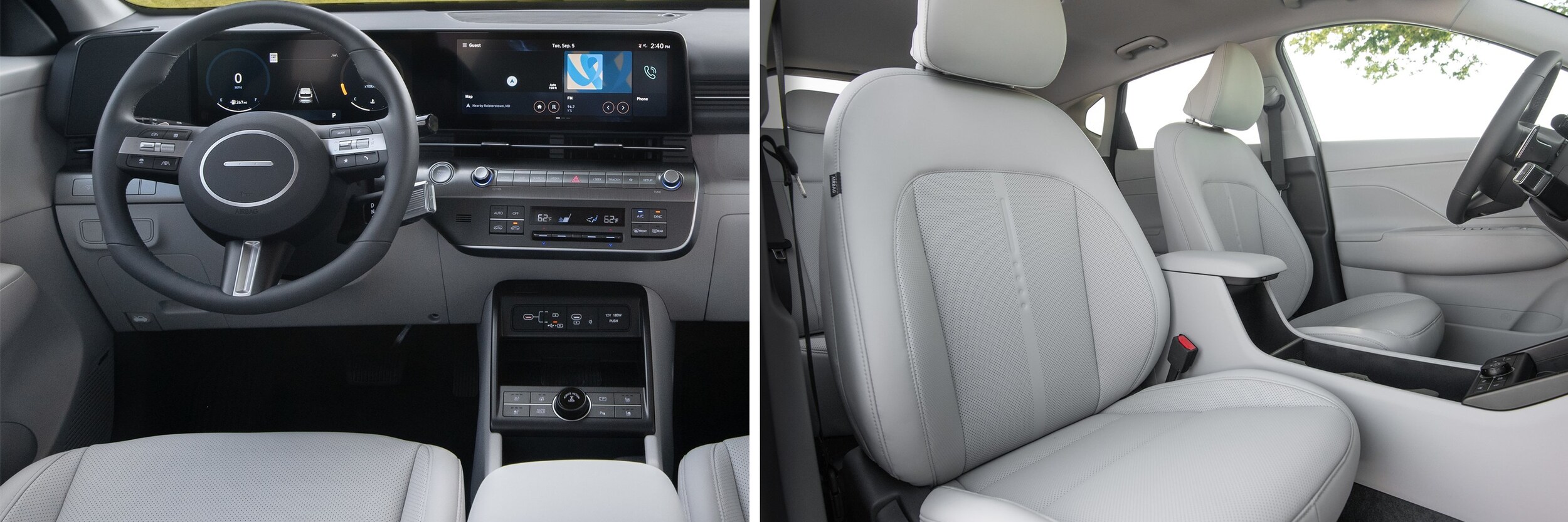 2024 Hyundai Kona interior photos and infotainment system screen.