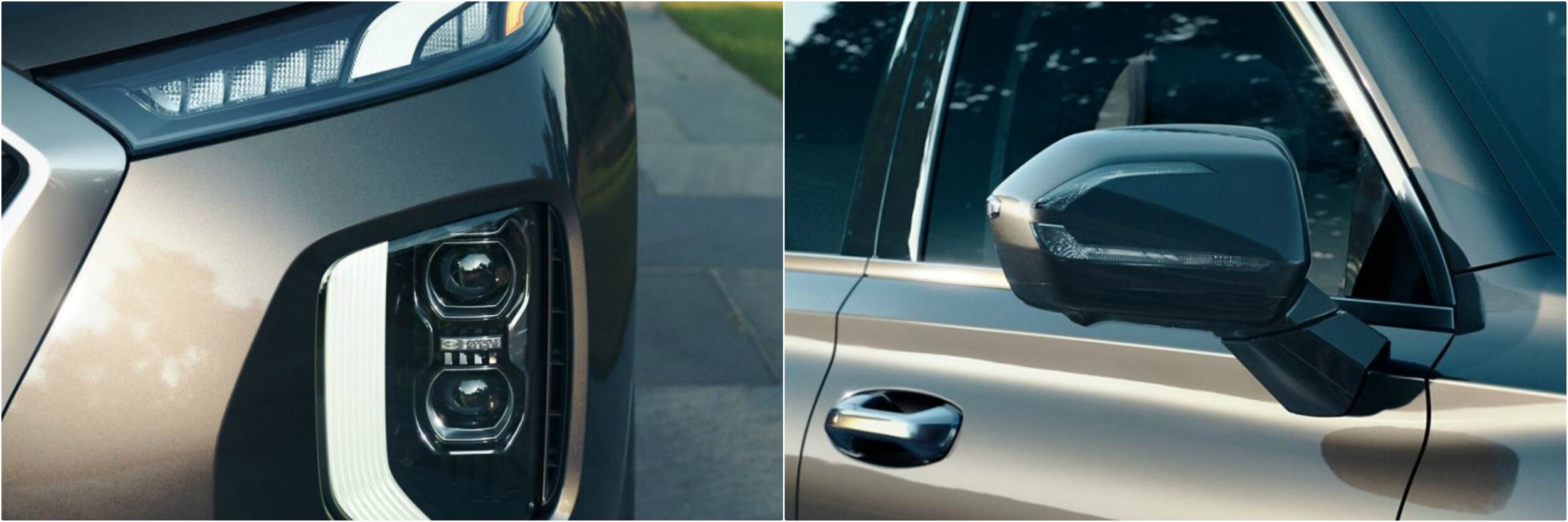 2021-vs-2020-hyundai-palisade-exterior-features.jpg The exterior close up features of a new Hyundai Palisade Grille and rear-view mirror