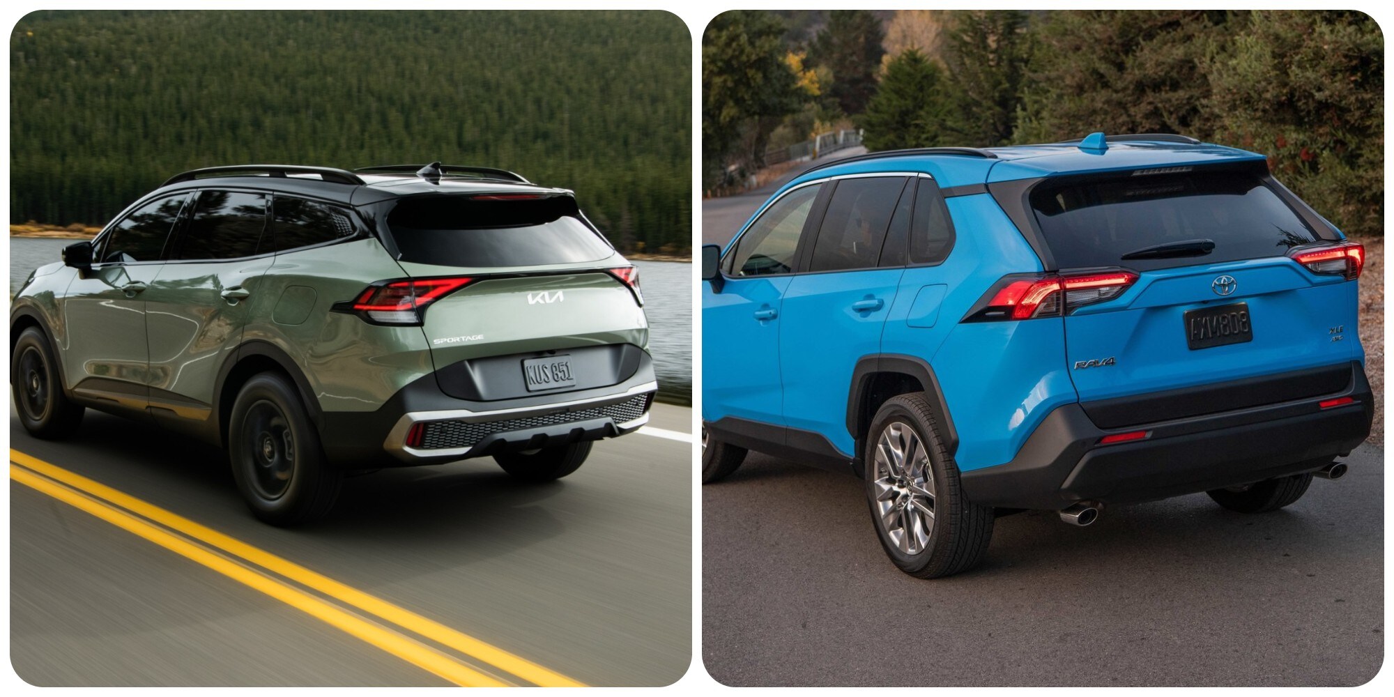 Kia Sportage Vs Toyota RAV4 2.jpg rear view of a 2023 Kia Sportage alongside the 2023 Toyota Rav4