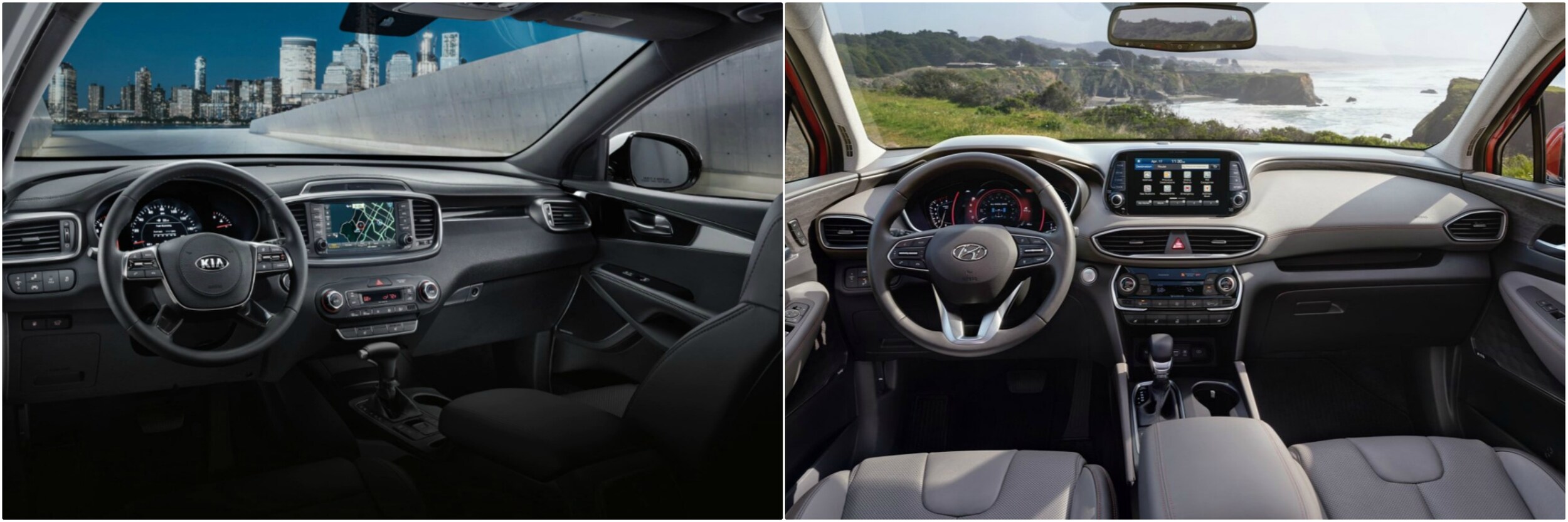 2020-kia-sorento-vs-2020-hyundai-santa-fe-interior-dashboard.jpg classic dark interior of a Kia Sorento vs. a cream colored interior dashboard of a Hyundai Santa Fe