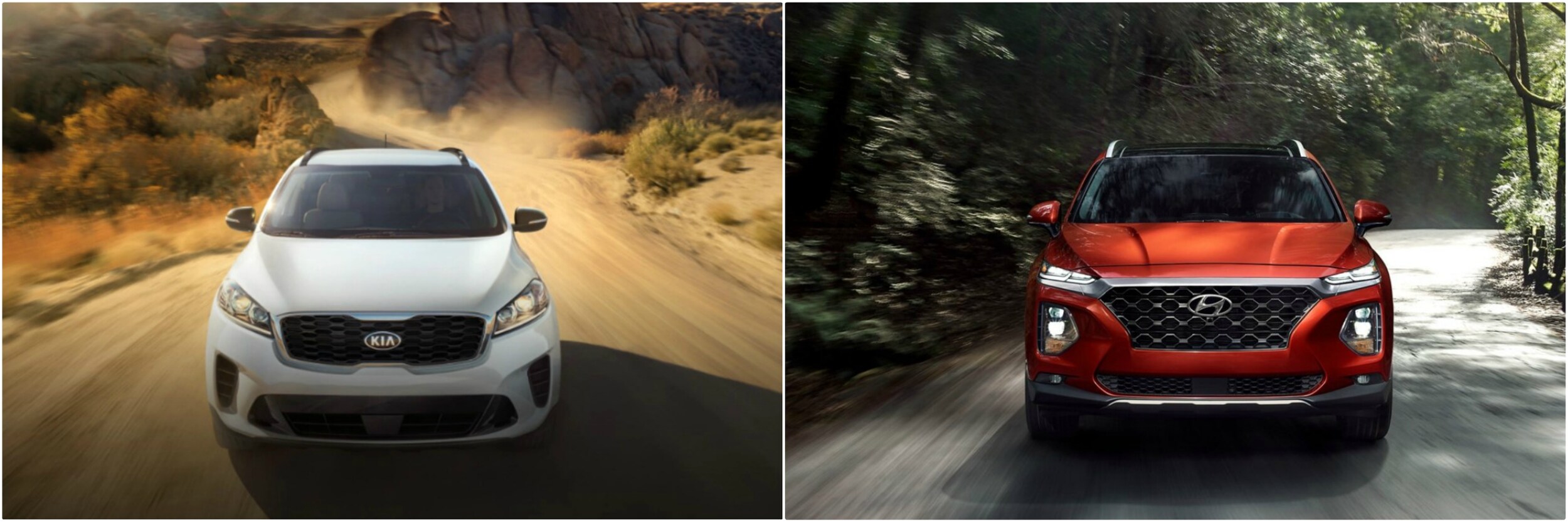 2020-kia-sorento-vs-2020-hyundai-santa-fe.jpg up close and personal front view of a 2020 Kia Sorento vs. a 2020 Hyundai Santa Fe