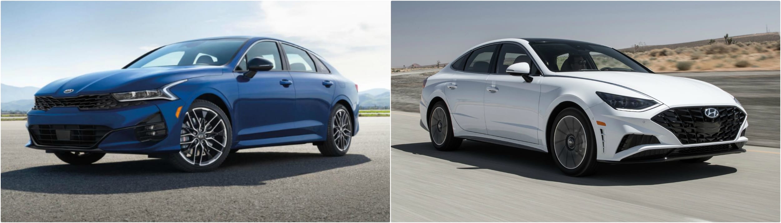 2021-kia-k5-vs-hyundai-sonata.jpg 2021 KIA K5 next to a new Hyundai Sonata