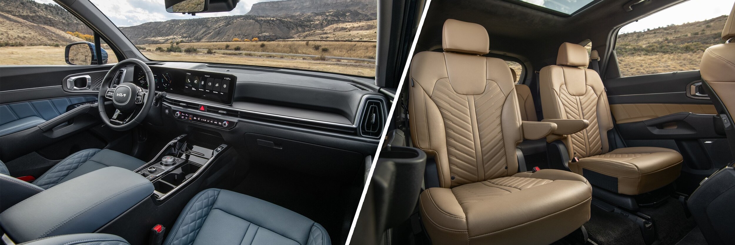 2024 Kia Sorento Interior back seats and the infotainment system.