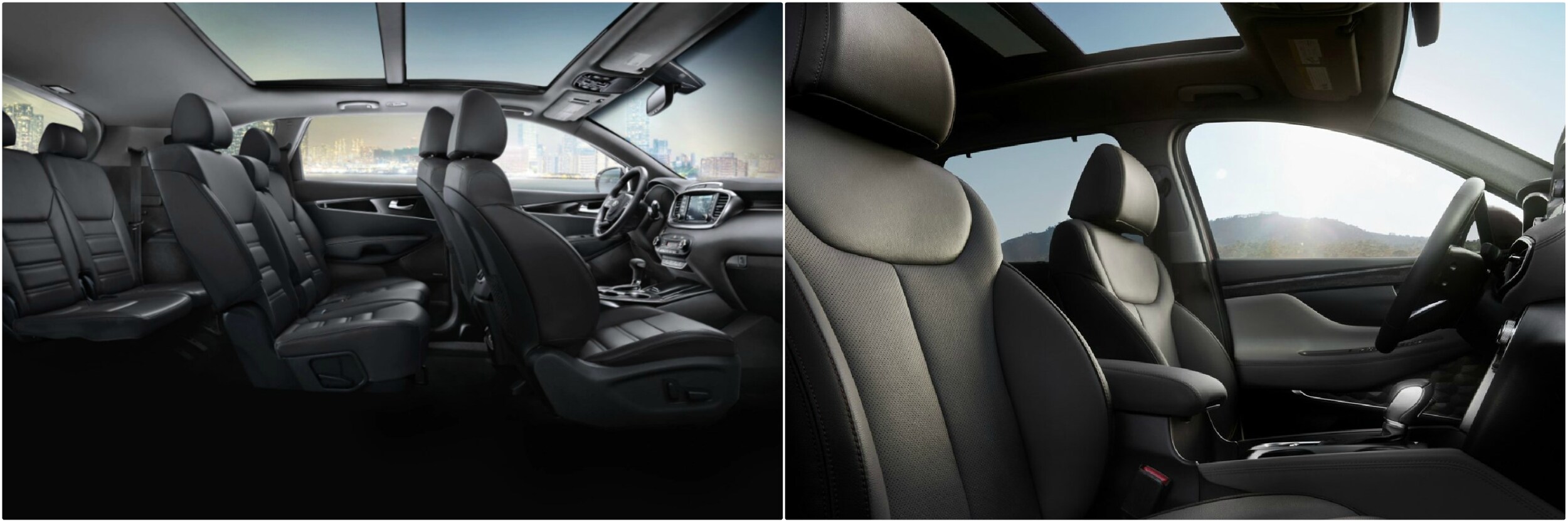 2020-kia-sorento-vs-2020-hyundai-santa-fe-interior-seating.jpg beautiful dark interior seating of a new Kia Sorento compared to a Hyundai Santa Fe