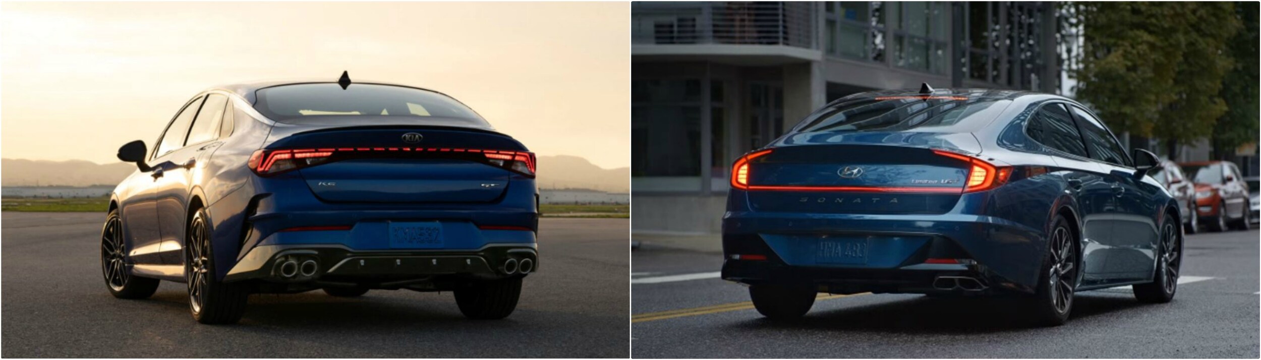 2021-kia-k5-vs-hyundai-sonata-back-exterior.jpg Rear views of the all new KIA K5 compared to the Hyundai Sonata