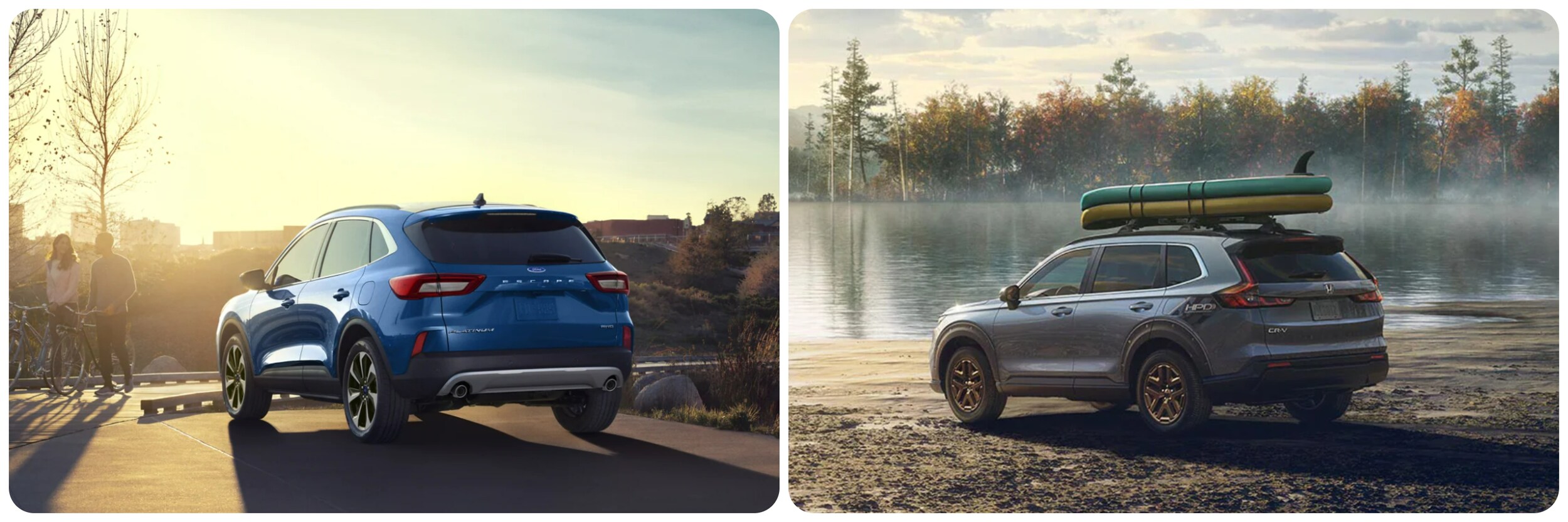 2023-ford-escape-vs-honda-crv-3.jpg On the left a blue 2023 Ford Escape sits parked with the rear of the car facing the viewer, on the right a gray 2023 Honda CR-V sits parked facing away from the viewer with surfboards on the roof