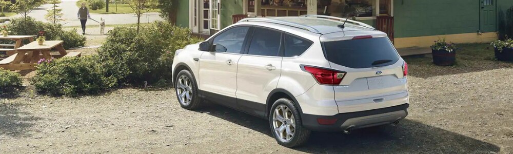 2019 Ford Escape trim levels in Colorado Springs at Phil Long Ford Motor City.png Rear angle of the driver side on a white 2019 Ford Escape parked outside of a cafe with a woman walking her dog through the garden